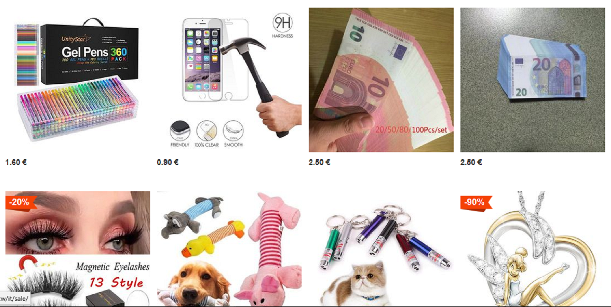 Schermata del sito vova.com dove si possono vedere tutti i vari articoli in vendita come la copertura infrangibile per il telefonino, i portachiavi e i giocattoli per animali