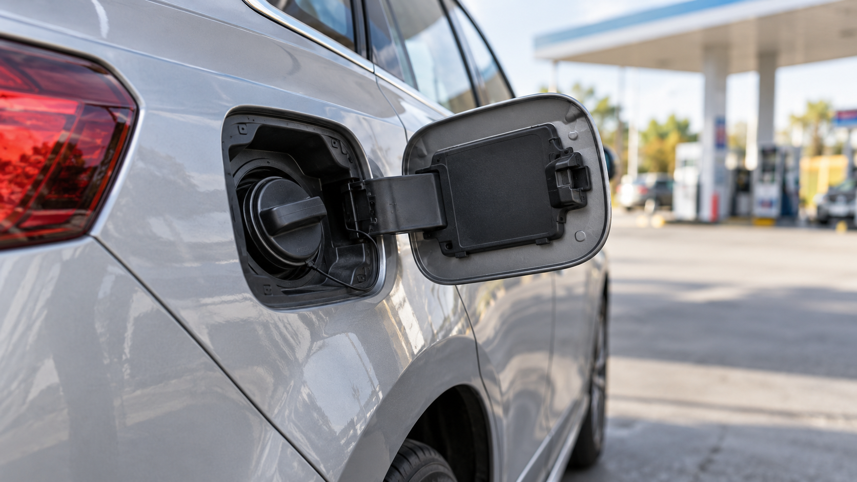 Sportellino del carburante aperto e tappo nero montato su un’auto argento, con una stazione di servizio sfocata sullo sfondo.